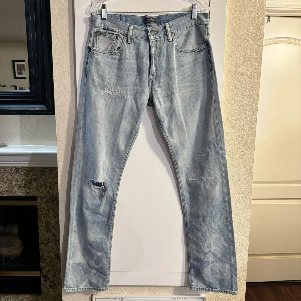 Polo Ralph Lauren Mens Varick Slim Straight Sun Faded Distressed Rope Dyed Jeans